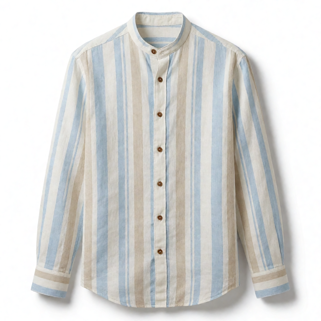 Cuban Collar Shirt - Sky Blue Stripe