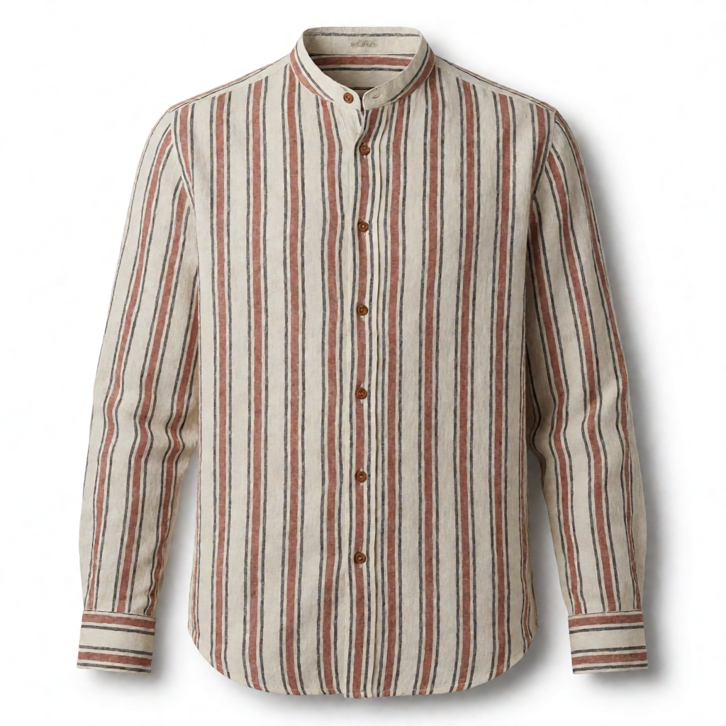 Cuban Collar Shirt - Terracotta Rust Stripe